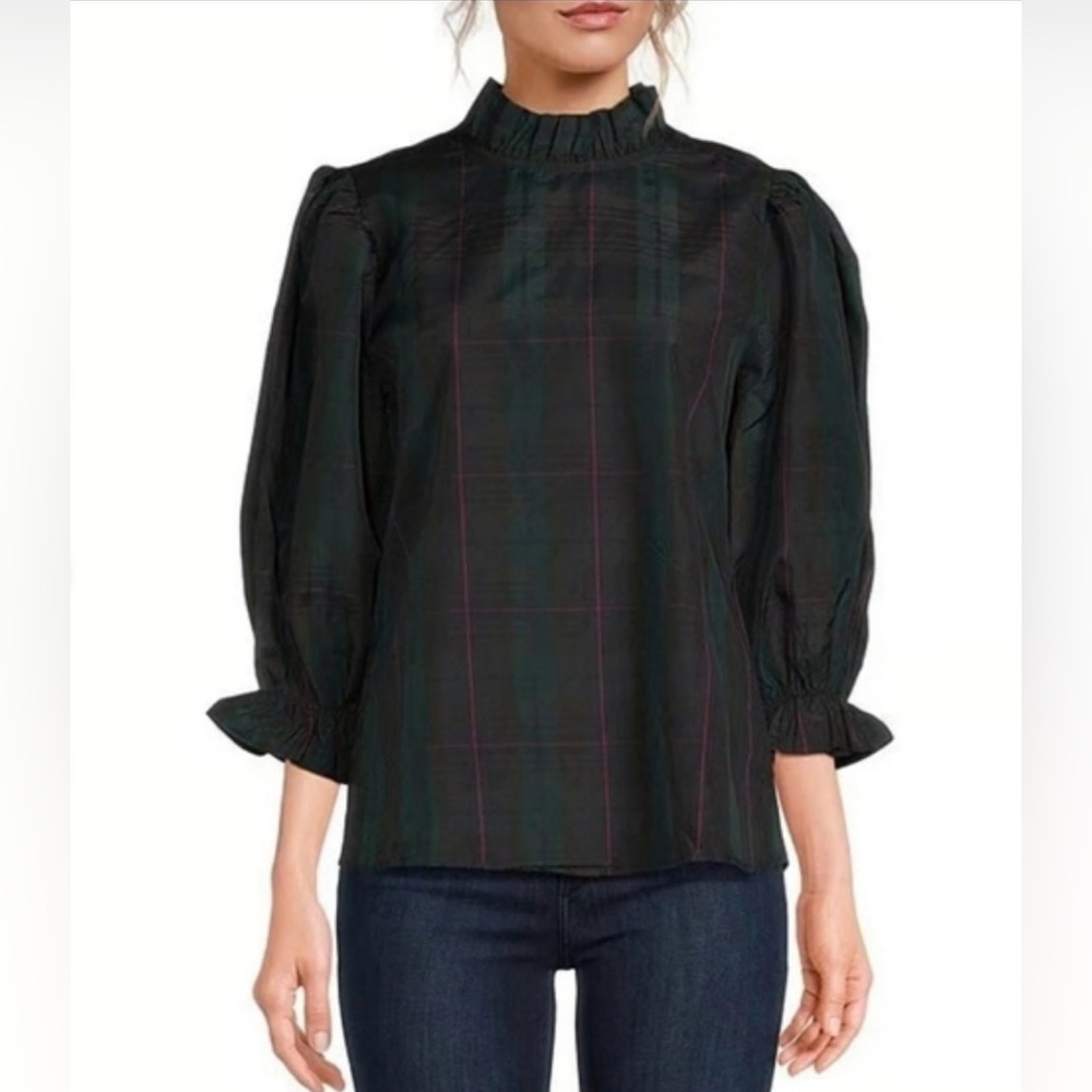 J. Marie Katrina Ruffle Mock Neck Back Bow Tie Long Sleeve Top Tartan Plaid